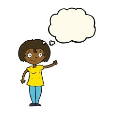 cartoon happy woman pointing with thought bubble N50
