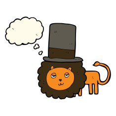 cartoon lion in top hat with thought bubble N7
