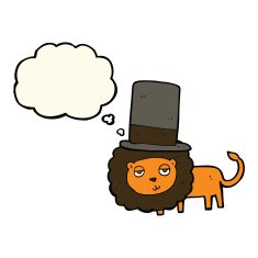 cartoon lion in top hat with thought bubble N8