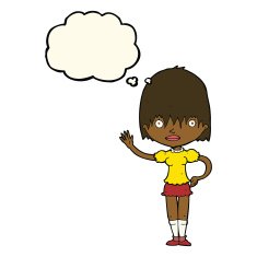 cartoon waving woman with thought bubble N100
