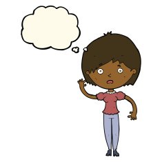 cartoon waving woman with thought bubble N101