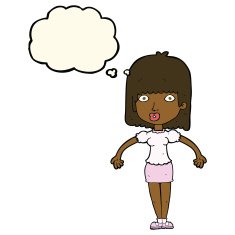 cartoon woman shrugging shoulders with thought bubble N361