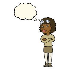 cartoon woman with crossed arms and safety goggles thought N7