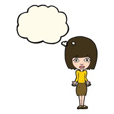 cartoon woman shrugging shoulders with thought bubble N362