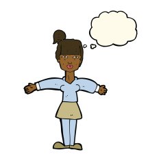 cartoon woman shrugging shoulders with thought bubble N363