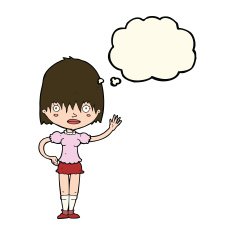 cartoon waving woman with thought bubble N104