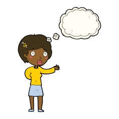 cartoon waving woman with thought bubble N106