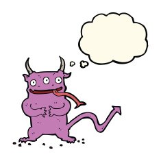 cartoon little demon with thought bubble N22