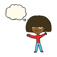 cartoon smug woman with thought bubble N15