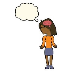 cartoon clever woman shrugging shoulders with thought bubble N7