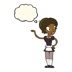 cartoon woman in maid costume with thought bubble N7