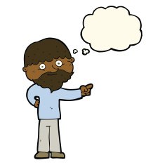 cartoon bearded man pointing with thought bubble N7