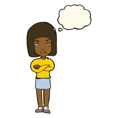 cartoon woman with crossed arms thought bubble N32