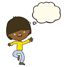 cartoon happy boy dancing with thought bubble N7