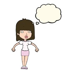 cartoon woman shrugging shoulders with thought bubble N364