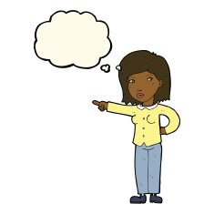 cartoon woman pointing with thought bubble N159
