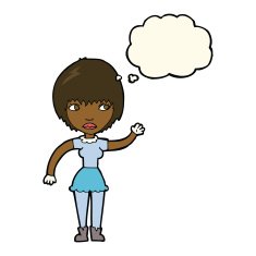 cartoon waving woman with thought bubble N108