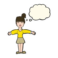 cartoon woman shrugging shoulders with thought bubble N365