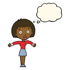 cartoon woman shrugging shoulders with thought bubble N366