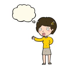 cartoon waving woman with thought bubble N109