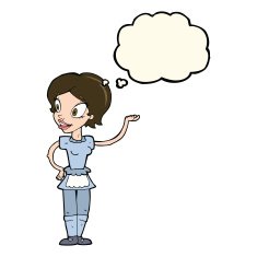 cartoon woman in maid costume with thought bubble N8