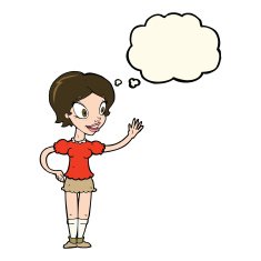 cartoon waving woman with thought bubble N110