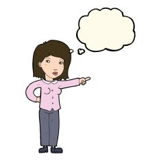 cartoon woman pointing with thought bubble N160