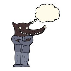 cartoon wolf man with thought bubble N30