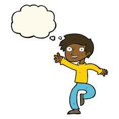 cartoon excited boy dancing with thought bubble N7