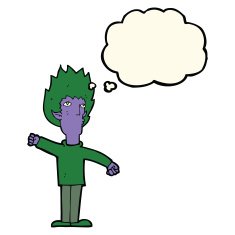 cartoon vampire man with thought bubble N82