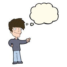 cartoon man pointing with thought bubble N137