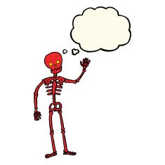 cartoon waving skeleton with thought bubble N7