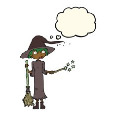 cartoon witch casting spell with thought bubble N14