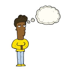 cartoon jaded man with thought bubble N14