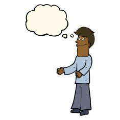 cartoon man shrugging shoulders with thought bubble N25