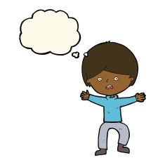 cartoon boy panicking with thought bubble N19