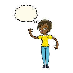 cartoon woman waving with thought bubble N268