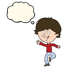 cartoon happy waving boy with thought bubble N16