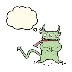 cartoon little demon with thought bubble N23