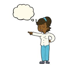 cartoon friendly woman pointing with thought bubble N7