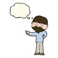 cartoon bearded man pointing with thought bubble N8