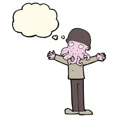cartoon alien squid face man with thought bubble N7