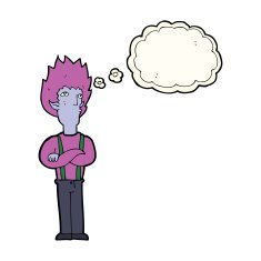 cartoon vampire man with thought bubble N85