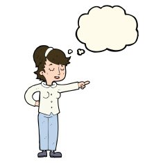 cartoon friendly woman pointing with thought bubble N8