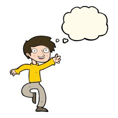 cartoon excited boy dancing with thought bubble N8
