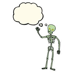 cartoon waving skeleton with thought bubble N8