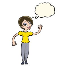 cartoon woman waving with thought bubble N269