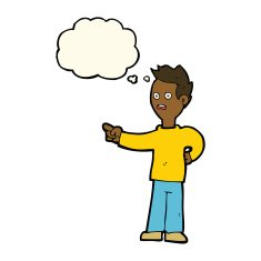 cartoon shocked boy pointing with thought bubble N8