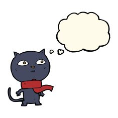 cartoon black cat wearing scarf with thought bubble N4