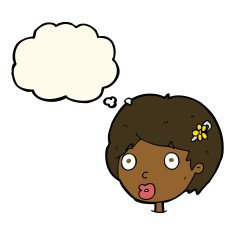 cartoon surprised female face with thought bubble N49
